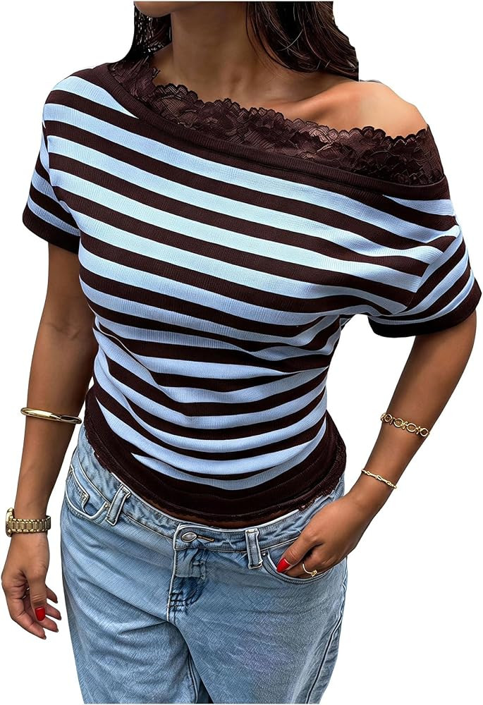 MakeMeChic Women's Striped Off The Shoulder Short Sleeve Sweater Lace Top | Amazon (US)