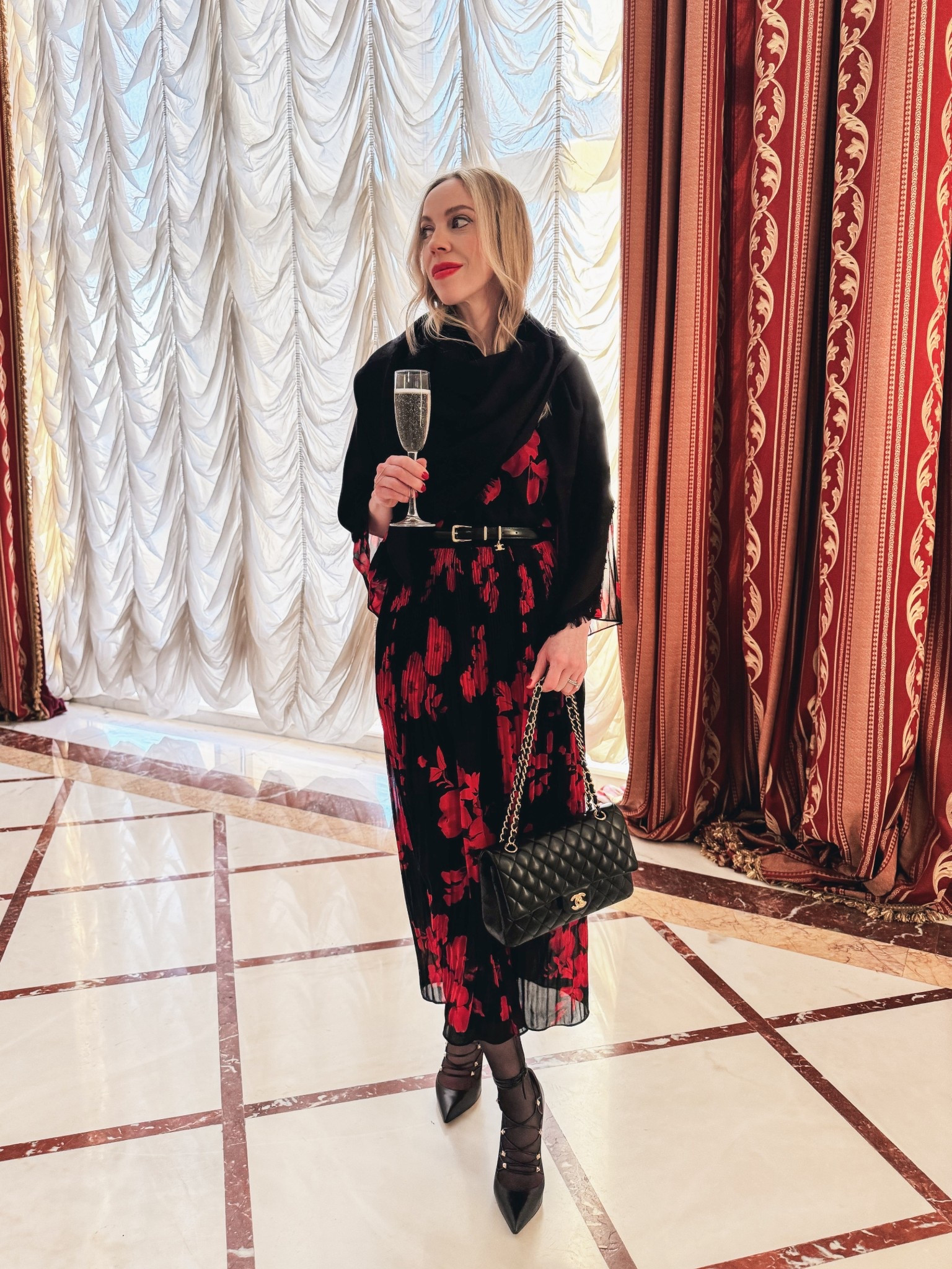 Date night, opera outfit, Louis Vuitton shawl scarf, black and red floral dress, Valentino pumps, evening wear 

#LTKSeasonal #LTKdayinmylife #LTKOver40