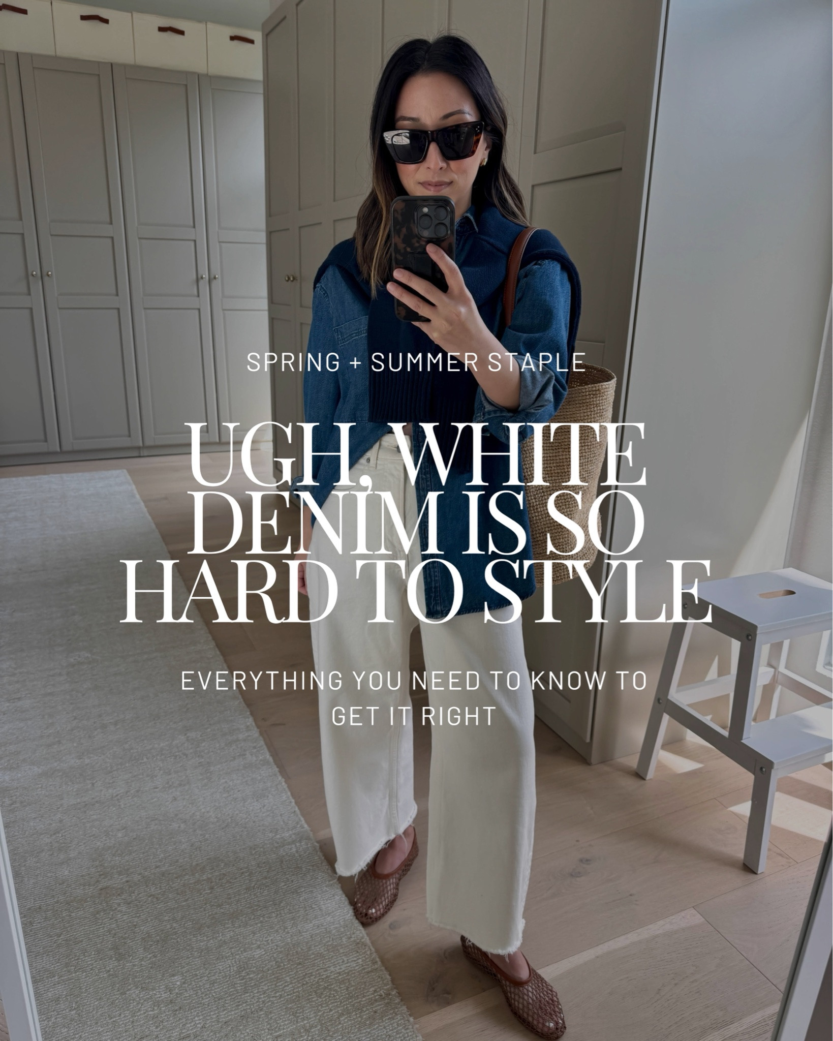 White denim tends to feel off when proportions or contrast are slightly off. Some recent ways I’ve been styling it.

Look 1:
Gap Big Shirt petite xs 
Everlane sailor jeans 25, but cut hems 
Everlane cotton sweater xs 
Everlane ballet flats 5 - old, linked similar
Marea tote - sold out, linked similar 
Celine sunglasses 
Electric picks earrings 
Dorsey James necklace 15”

Look 2:
Madewell tee xs 
Zara jacket small 
Everlane curve jeans 26 - cut hems 
Loeffler Randall flats 5 
Dragon Diffusion triple jump small 
YSL sunglasses 
Electric picks earrings 
Dorsey James necklace 15"

Look 3:
Everlane tee medium 
Everlane sweater xs 
Dl1961 Billie Barrels 25 
Marc Fisher flats 5 - run big 
Mansur Gavriel bag - old, linked similar color 
Celine sunglasses 
Electric Picks necklace 
Electric Picks earrings

Look 4:
AYR shirt xs 
Everlane cotton sweater xs 
Agolde mid rise crop jeans 25 
Zara loafers 5 
Polo Ralph Lauren hat 
The Row tote small 
Electric Picks earrings 
Dorsey James necklace 15"

Look 5:
Tuckernuck tee xs 
Everlane curve jeans 26 - cut hems and sized up 
Staud flats 35 
Everlane cashmere sweater xs - color is old 
DeMellier midi bag 
Celine sunglasses 
Electric Picks earrings 
Dorsey James necklace 16"

Look 6:
Everlane tee medium 
Gap sweater petite small - sold out, linked another color
Agolde mid rise crop jeans 25 - fit like a high rise 
Dolce Vita sneakers 6 - size up 
Quince bucket bag
Polo Ralph Lauren hat 
Dorsey earrings medium 
Dorsey James necklace 15"

Look 7:
Gap Big Shirt petite xs 
Levi’s Rib Cage Ankle 25 
Everlane cotton sweater xs 
Loeffler Randall flats 5 
The Row Park tote medium - linked similar 
Celine sunglasses 
Dorsey James necklace 15”

#LTKmomlife #LTKPetite