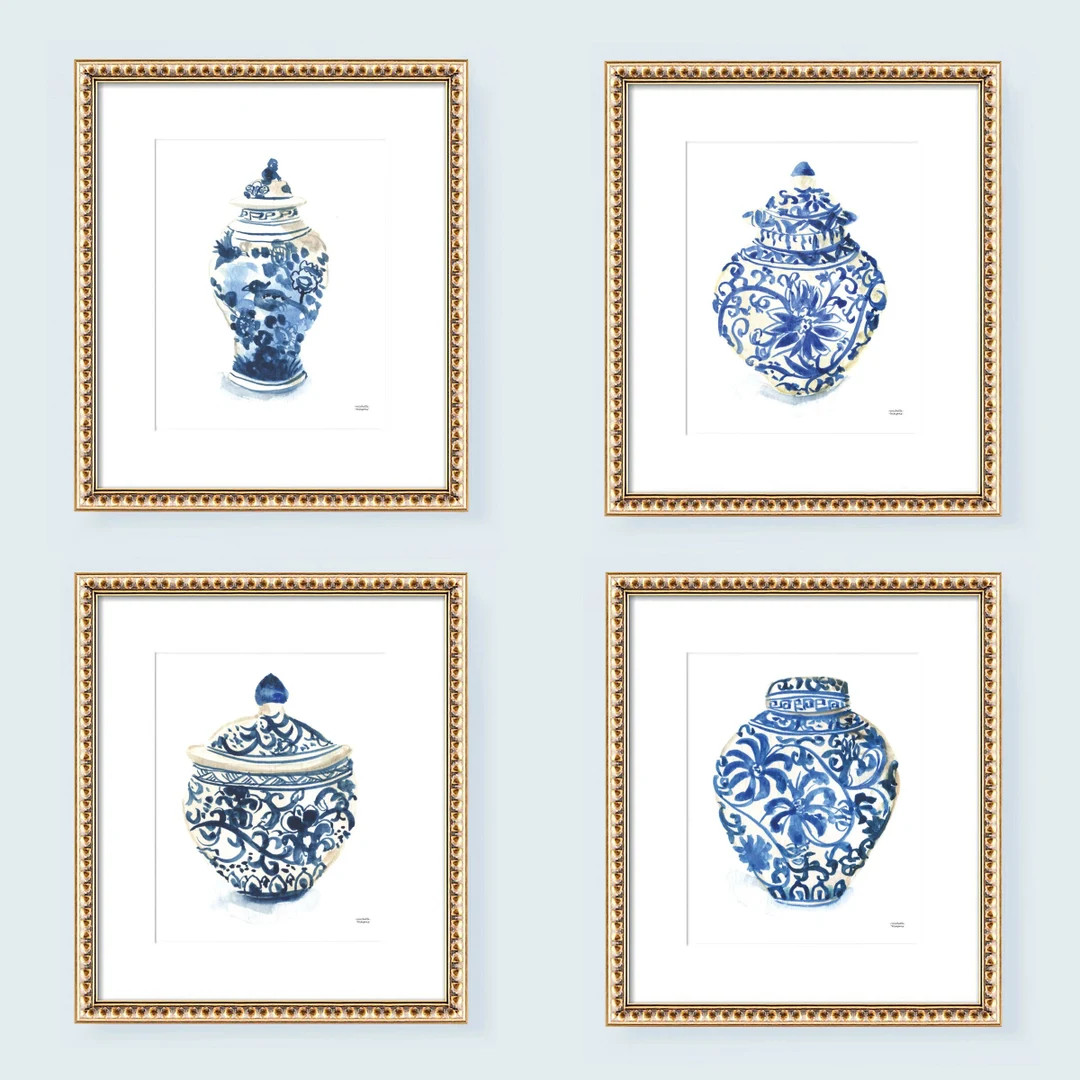 Ginger Jars Watercolor Paintings, Ginger Jar Art Print Set of 4, Blue & White Gallery Wall Art Se... | Etsy (US)