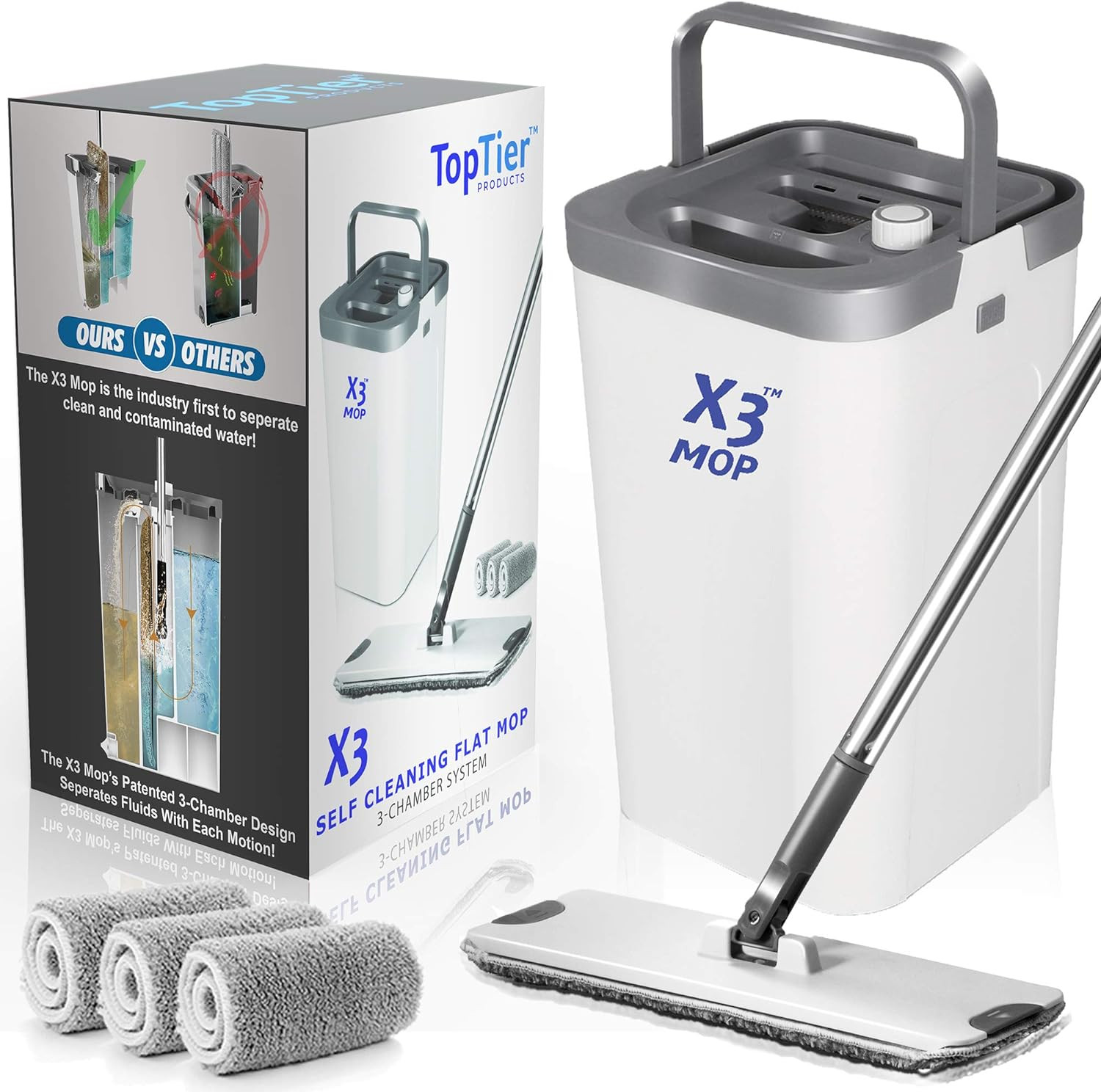 X3 Mop, Separates Dirty and Clean Water, 3-Chamber Design, Flat Mop and Bucket Set, Hands Free Ho... | Amazon (US)