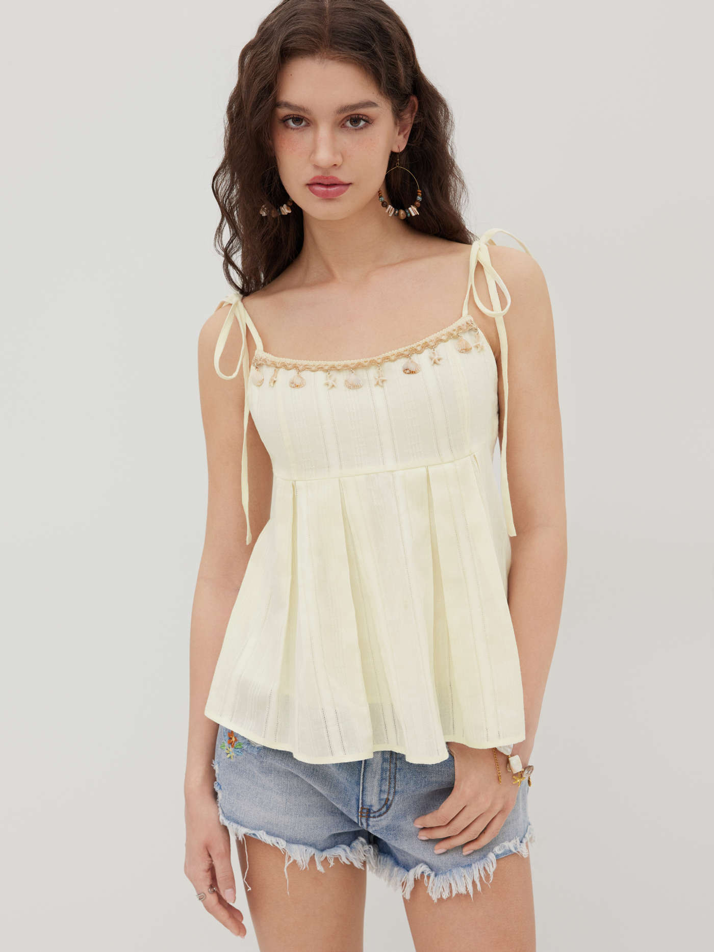 Cotton Shell Beaded Bowknot Pleated Oversized Cami Top... | Cider