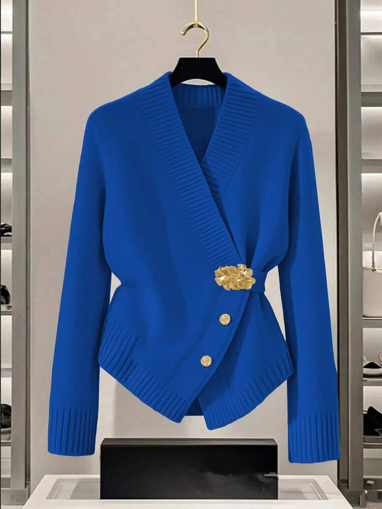 GlowEve Women's Blue Sweater, New Autumn/Winter Metal Button Asymmetrical Closure Cardigan, Versa... | SHEIN