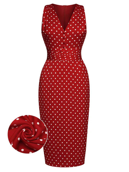 Red 1960s Dots V-Neck Pencil Dress | Retro Stage