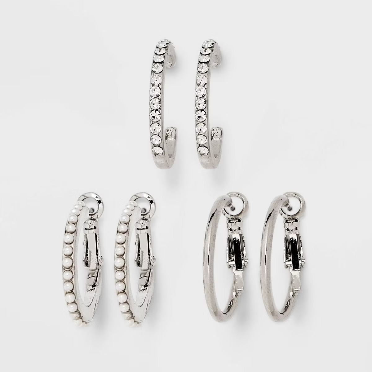 Simulated Pearl and Stone Hoop Earring Set 3pc - Wild Fable™ Silver | Target