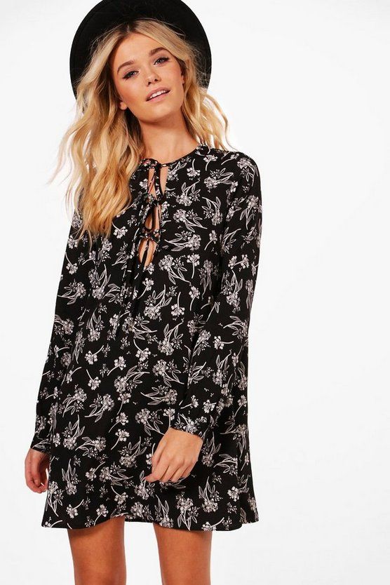 Ashley Tie Front Floral Printed Shift Dress | Boohoo.com (UK & IE)