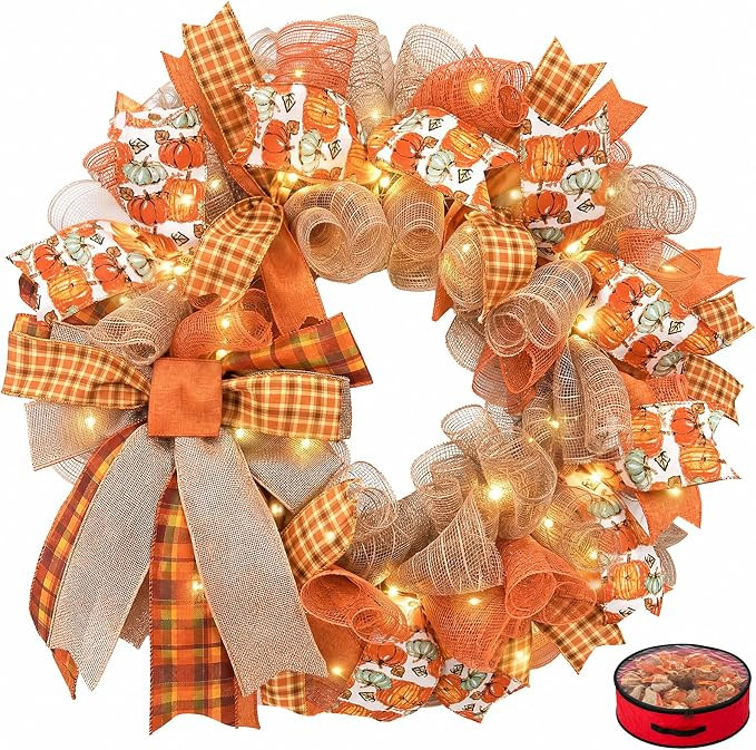 Fall Wreaths for Front Door, Pumpkin Wreath with Storage Bag | 24 Inch Handmade Autumn leaf Wreat... | Amazon (US)