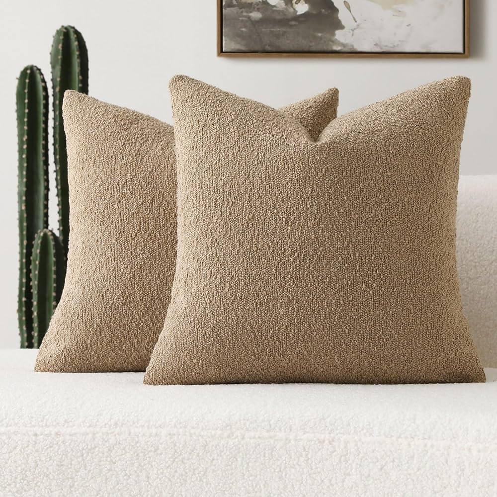 FUTEI Pack of 2 Khaki Decorative Throw Pillow Covers 18x18 Inch Soft Cozy Solid Boucle Textured C... | Amazon (US)