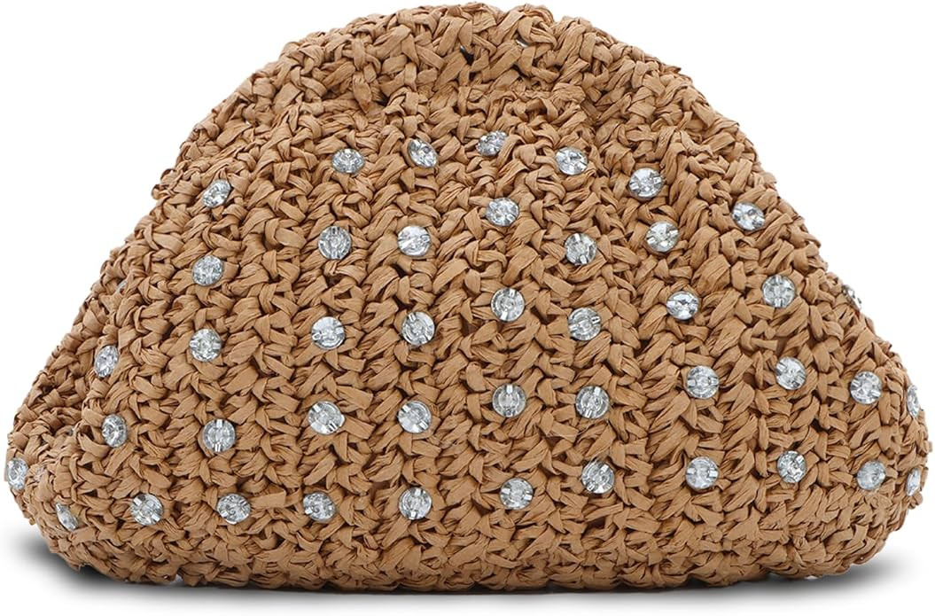 GOKTOW Straw Rhinestone Dumpling Clutch Purse,Summer Raffia Rattan Vacation Beach Bag for Women 2... | Amazon (US)