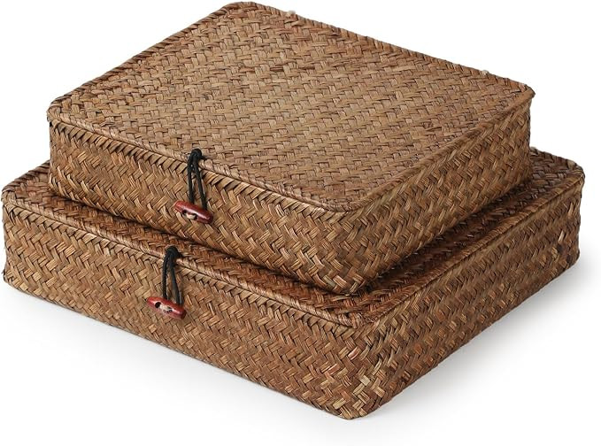 YANGQIHOME Set of 2 Seagrass Baskets with Lids, Rectangular Woven Storage Baskets, Natural Wicker... | Amazon (US)