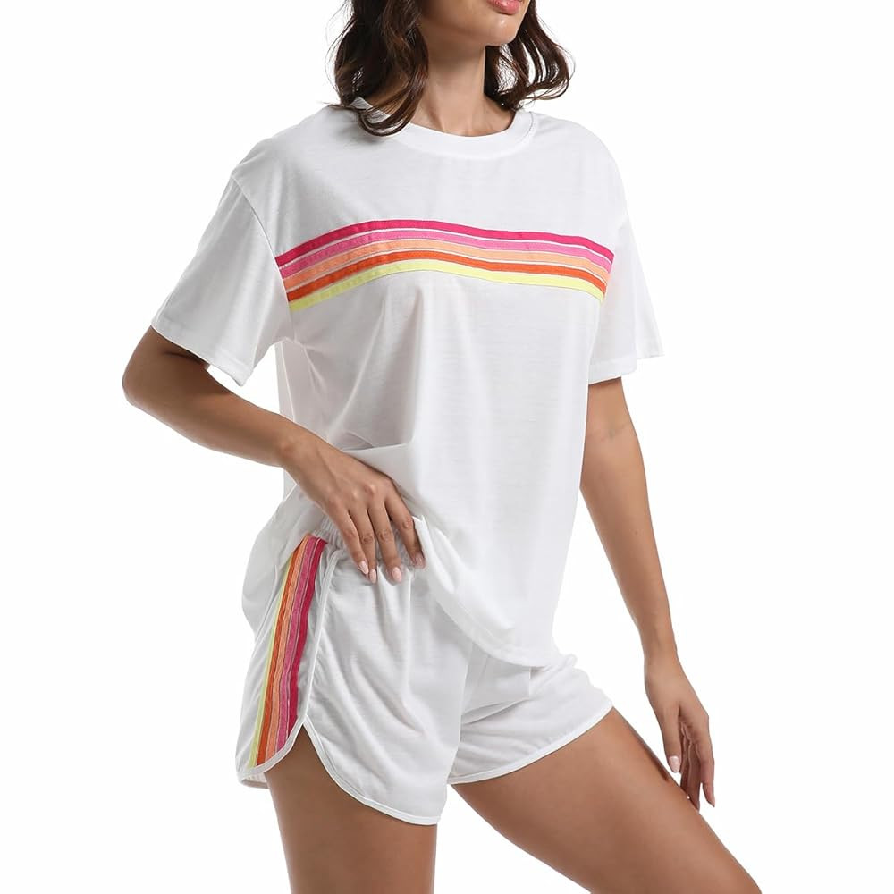 Women's 2 Piece Striped Travel Outfits: Casual Matching Athletic Sweatshirt & Shorts Set - Lounge... | Amazon (US)