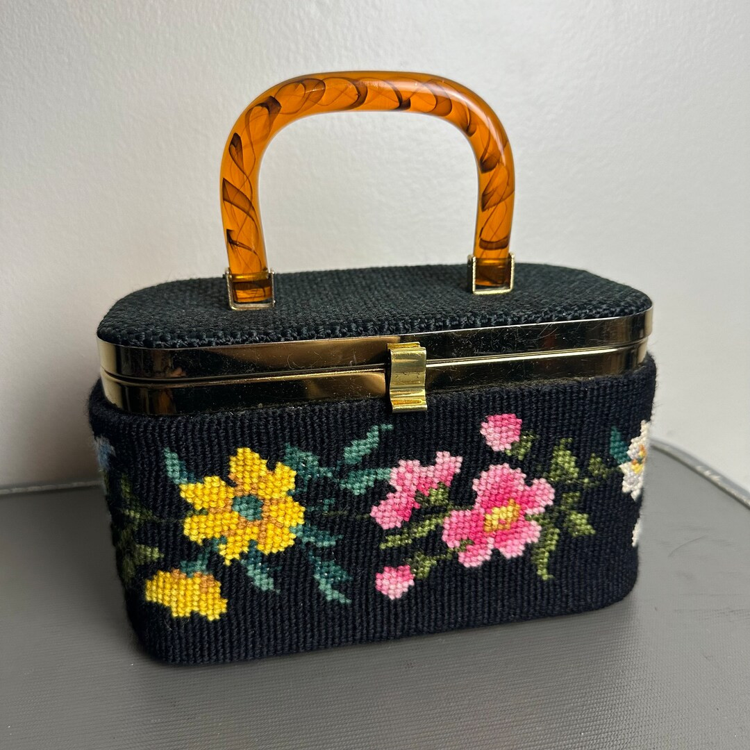Vintage 1970s Black Floral Needlepoint Box Purse Orange Lucite Handle | Etsy (US)