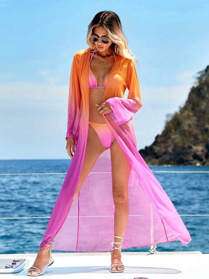 SHEIN Swim Vcay Summer Beach Ombre Halter Triangle Bikini Swimsuit With Kimono | SHEIN