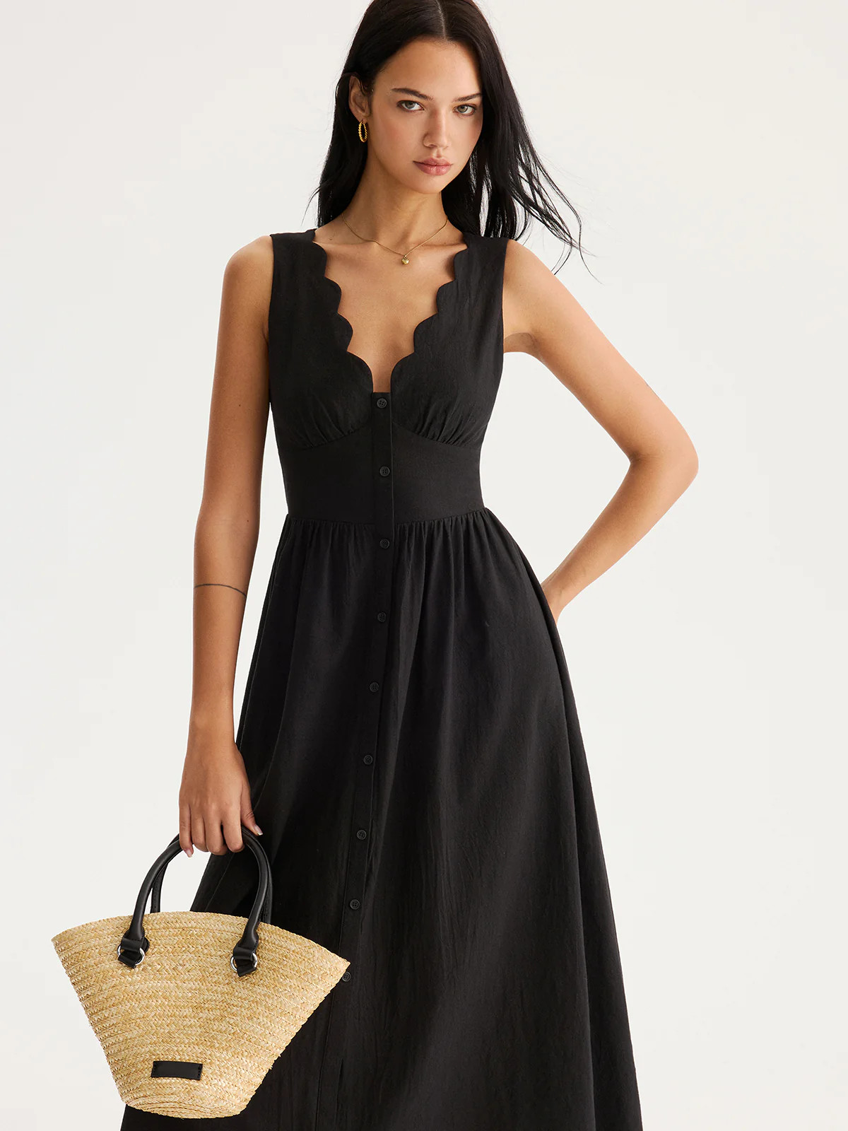 Scalloped Neckline Tie-Back Cotton Maxi Dress | Commense