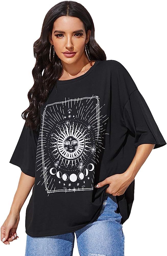 MakeMeChic Women's Graphic Print T-Shirt Drop Shoulder Half Sleeve Oversized Tee Tops | Amazon (US)