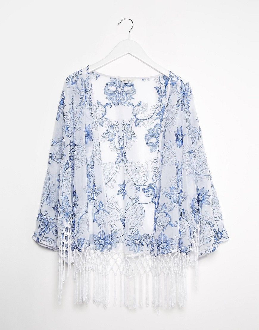 River Island China Blue Embroidered Cropped Boxy Cape | ASOS US