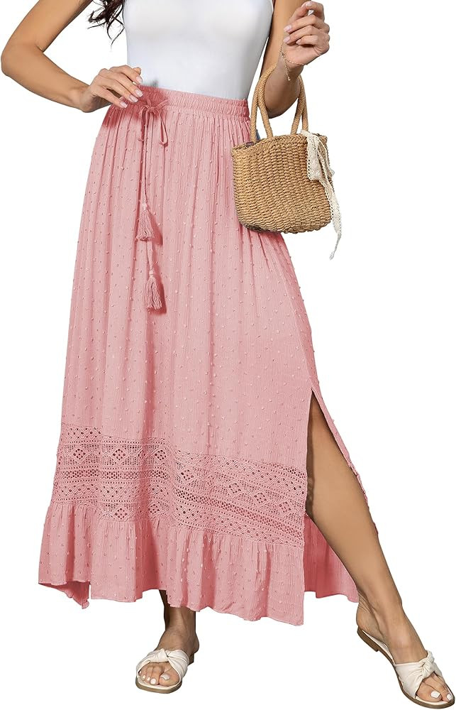 Women's Summer Maxi Skirt Elastic High Waist Boho Beach Skirt A Line Long Skirt Lace Trim Flowy L... | Amazon (US)