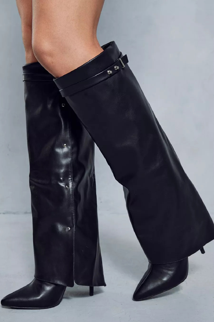 Leather Look Fold Over Pointed Boots | Boohoo.com (UK & IE)