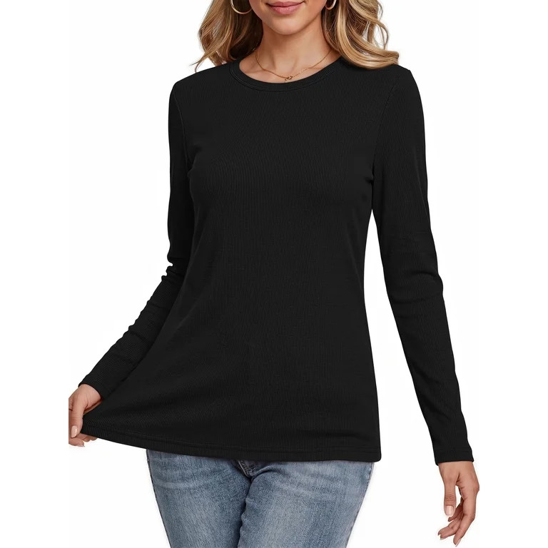MOSHU 3 Pack T Shirts for Women Ribbed Long Sleeve Shirts Crew Neck Slim Fit Undershirts Casual F... | Walmart (US)