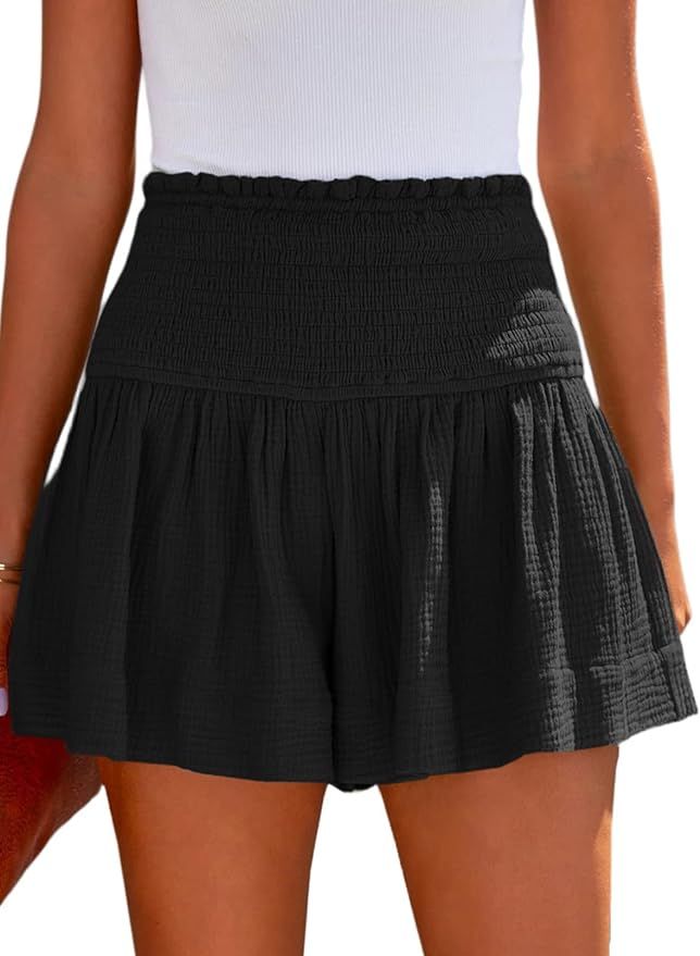 BeadChica Womens Casual Cute Summer Shorts Elastic High Waisted Pleated Ruffle Comfy Flowy Short ... | Amazon (US)