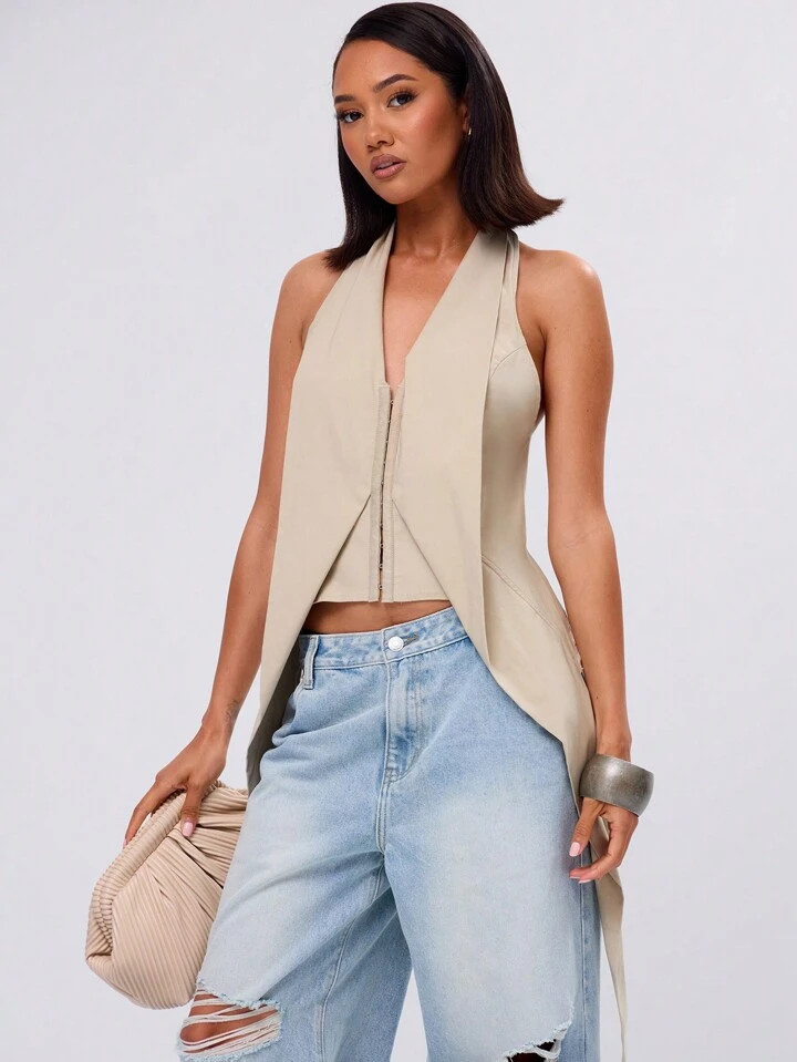 MUSERA Extreme Split Waistcoat Halterneck Top | SHEIN