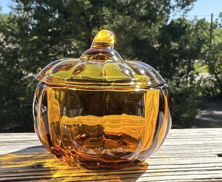 Target Amber Brown Heavy Glass Pumpkin Trinket Candy Dish With Lid | eBay US
