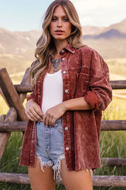 No Chill Rust Corduroy Shacket | Shop Priceless