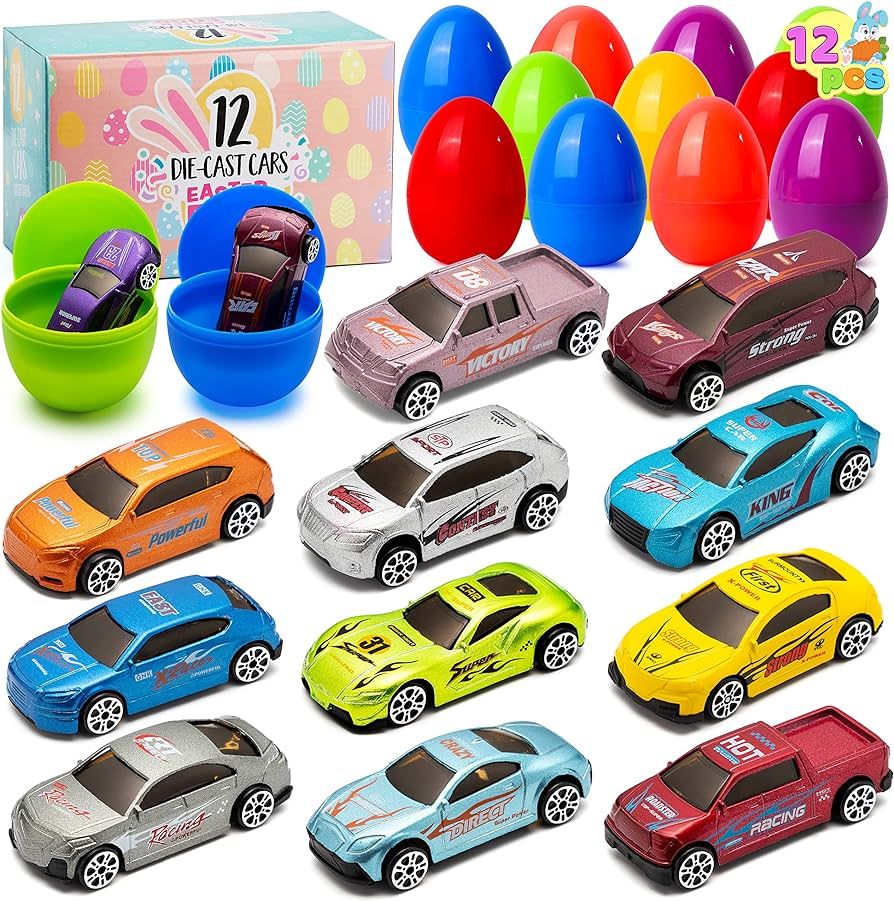 JOYIN 12 Pcs Die-Cast Car Filled Big Easter Eggs, Bright Colorful Prefilled Plastic Eggs with Dif... | Amazon (US)