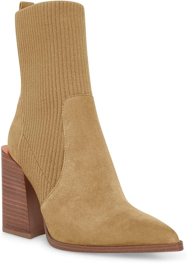 Womens Chunky Stacked Heel Ankle Boots Pointed Toe Booties Slip On Ribbed Knit Sock Boot | Amazon (US)