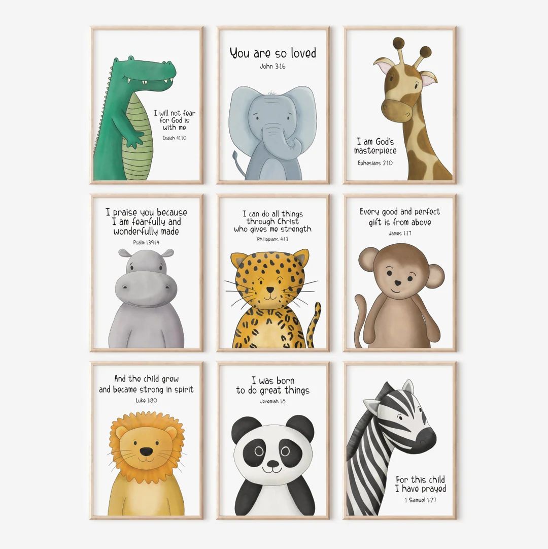 Bible Verse Animal Prints, Jungle Animal Nursery Decor, Christian Safari Bedroom Wall Art, Baby D... | Etsy (US)