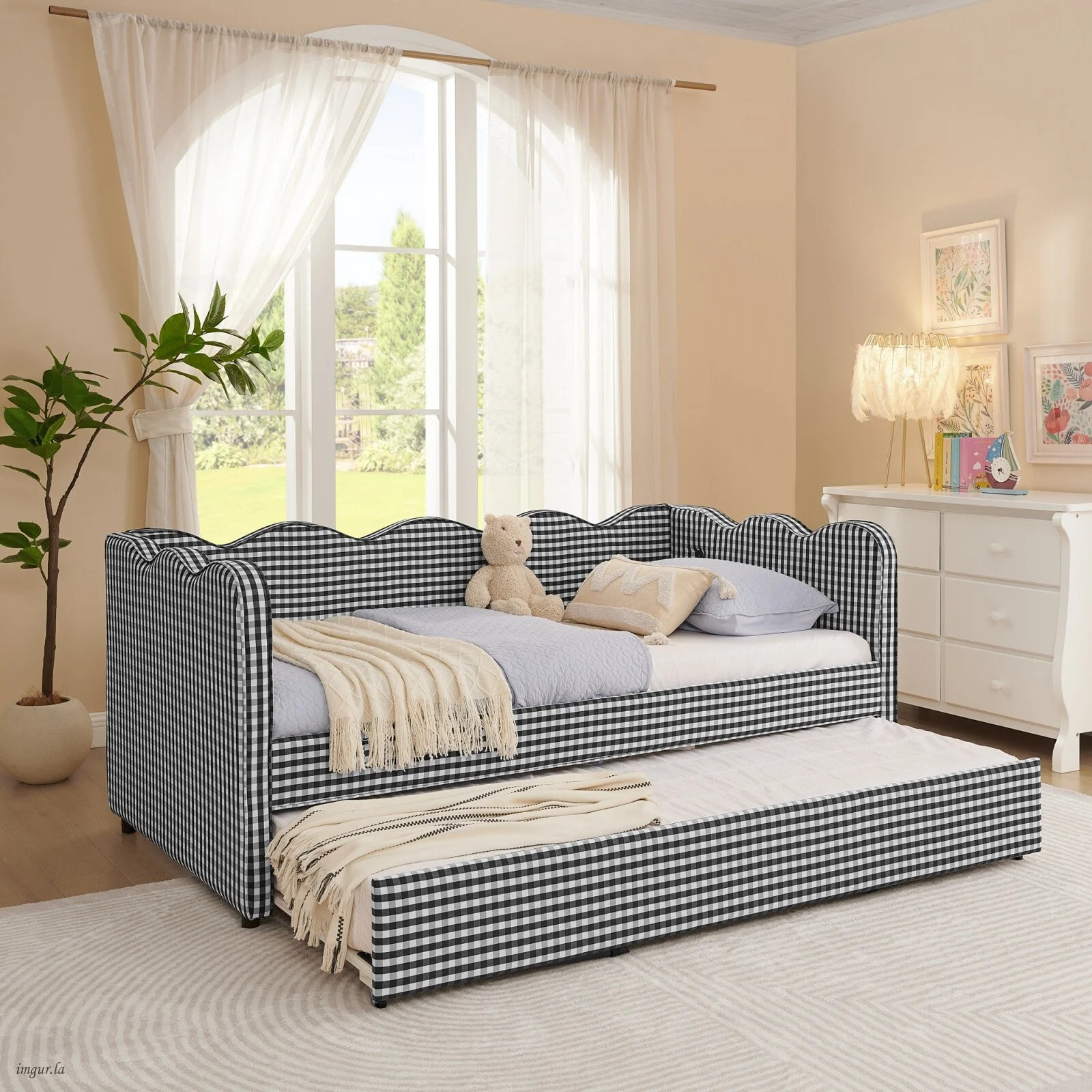 Twin Size Gingham Daybed with Trundle, Wave Shaped Sofa Bed with USB Port, No Box Spring Needed | Walmart (US)
