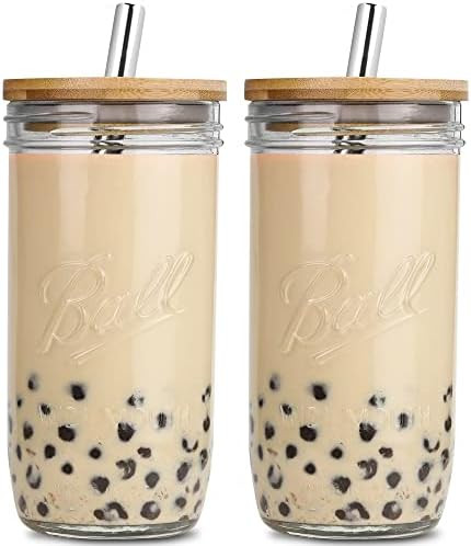 Bubble Tea Cups 2 Pack 24 oz, Reusable Wide Mouth Smoothie Cups, Iced Coffee Cups With Lids and S... | Amazon (US)