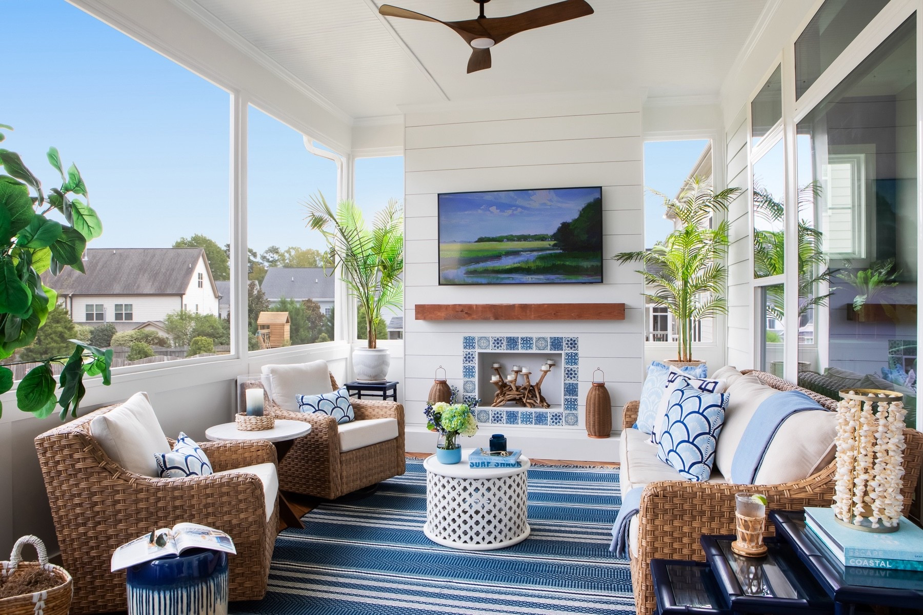 Coastal Grandmillennial outdoor furniture that looks like Serena & Lily, Pottery Barn or Ballard Designs.