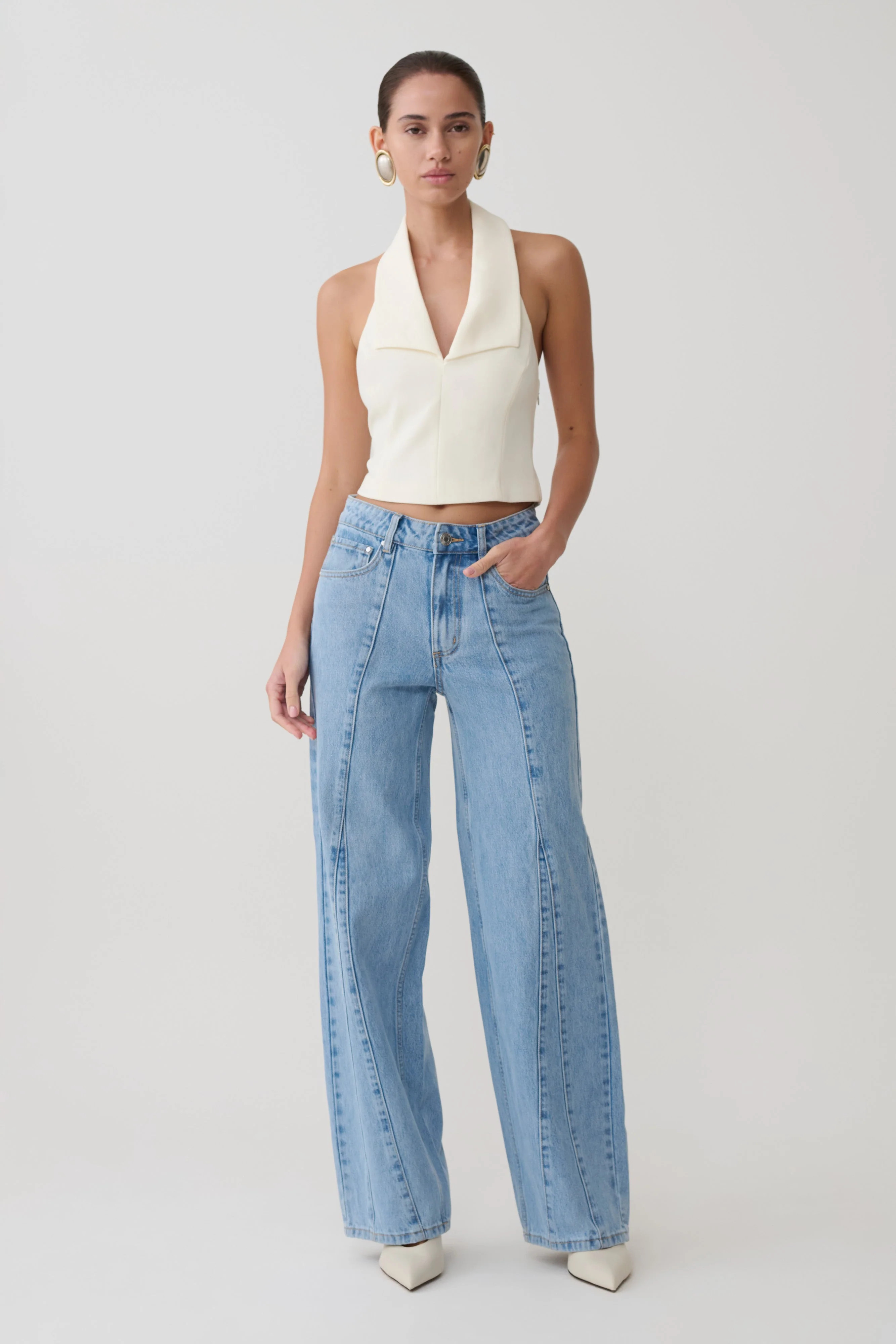 Mid Rise Wide Leg Denim Jeans - Classic Blue | MESHKI US