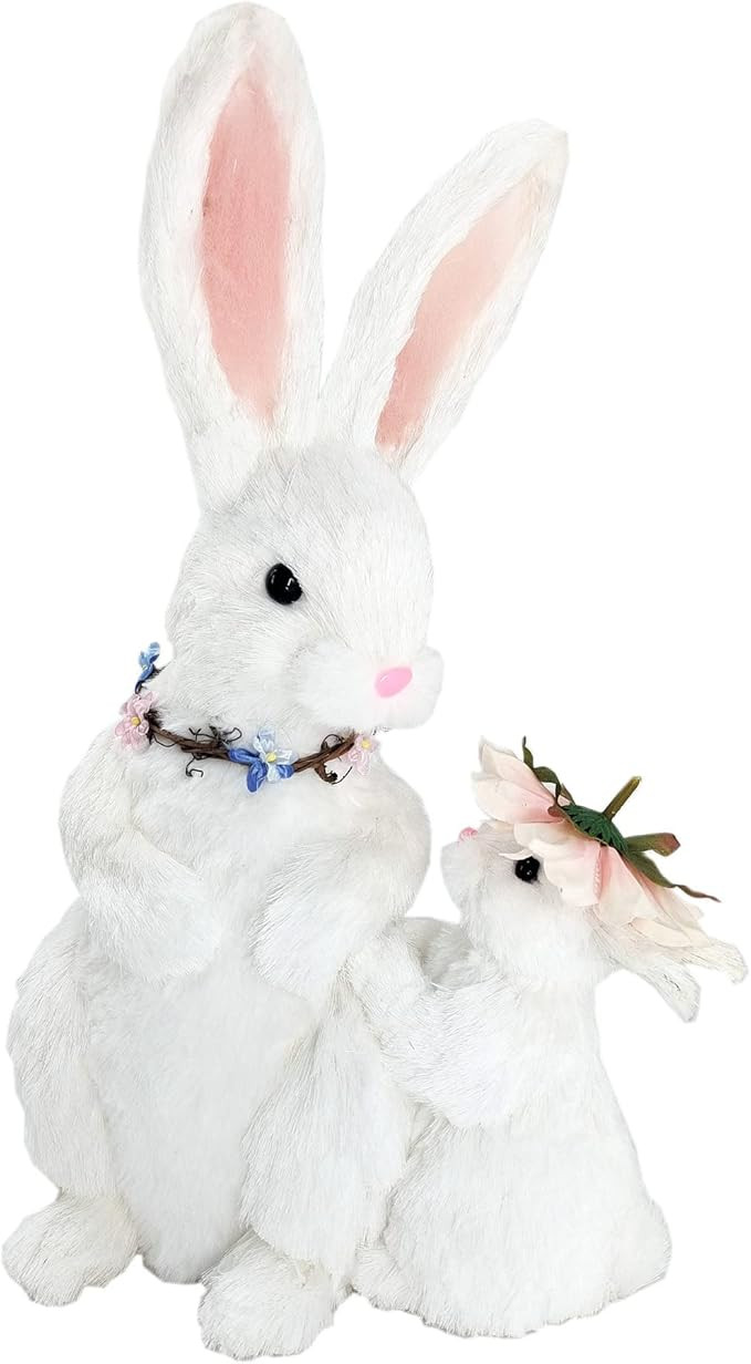 Nature Vibe 14 Inches Sisal Bunny Figurine Easter Home Decor,Mom n Baby White Easter Bunny Decora... | Amazon (US)