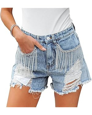 Women Mid Rise Ripped Stretchy Jeans Frayed Raw Hem Casual Tassels Denim Shorts | Amazon (US)