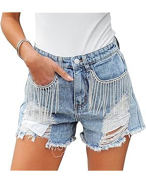 Women Mid Rise Ripped Stretchy Jeans Frayed Raw Hem Casual Tassels Denim Shorts | Amazon (US)