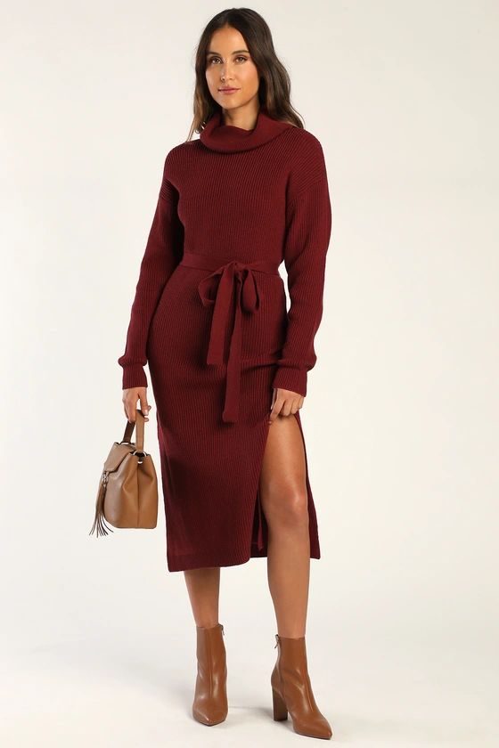 Snuggle Chic Burgundy Knit Turtleneck Midi Sweater Dress | Lulus (US)