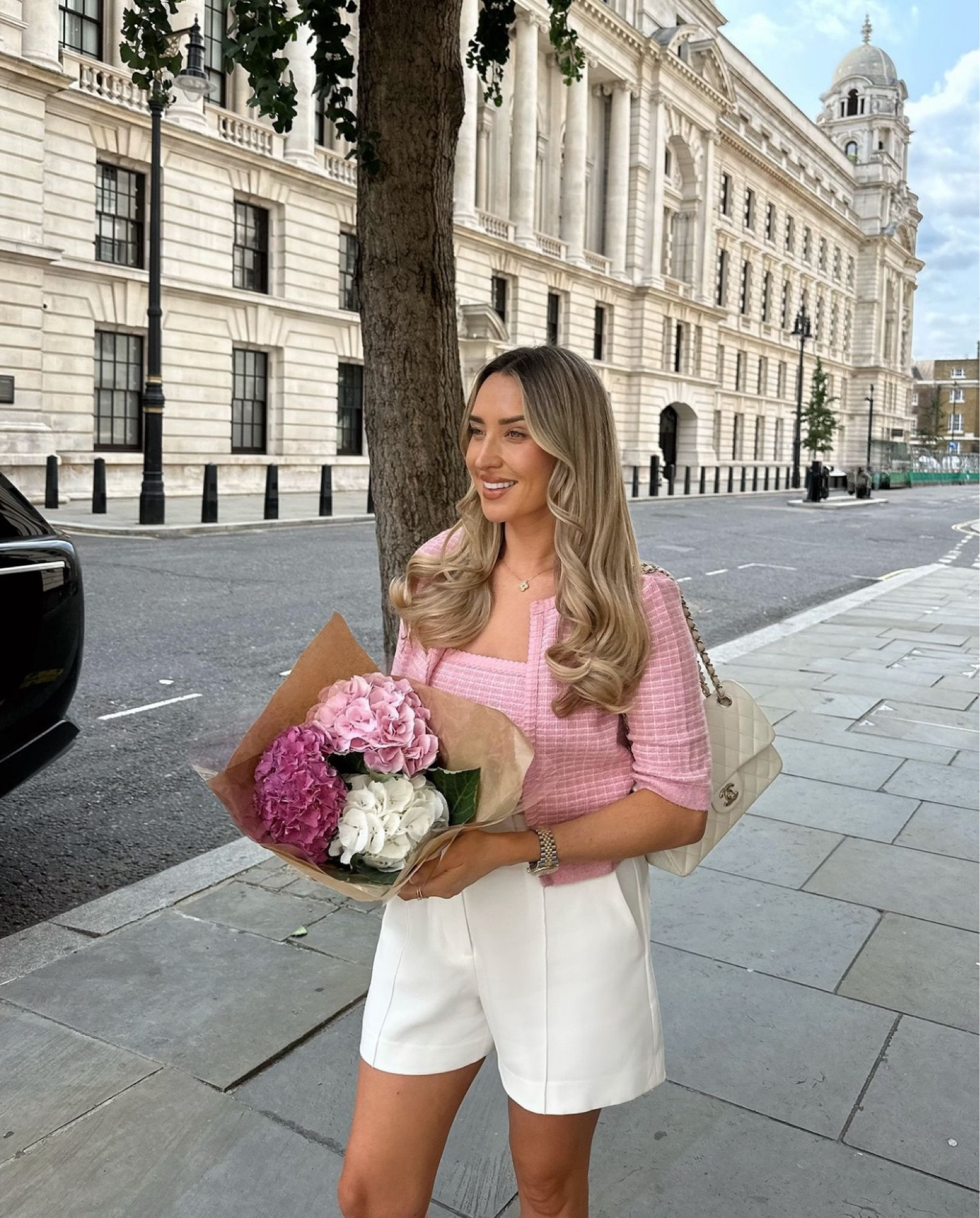 Me in my favourite colour 🩷 Who knew pink tweed looked so good in summer! Elevated, classy city look with tailored white shorts and white accessories 

#LTKsummer #LTKworkwear