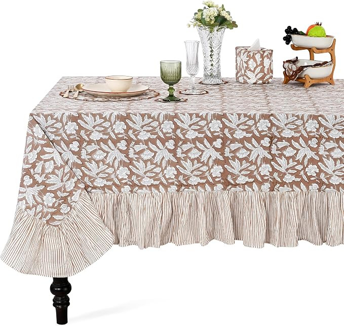 Ridhi Oak Brown Ruffle Block Print Tablecloth 100% Cotton 60x60 Square Floral Table Cover, Elegan... | Amazon (US)