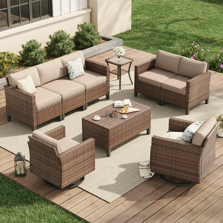 Poteban Outdoor Patio Furniture Set, Rocking Swivel Chair, 9 Pieces Wicker Rattan Sectional Furni... | Walmart (US)