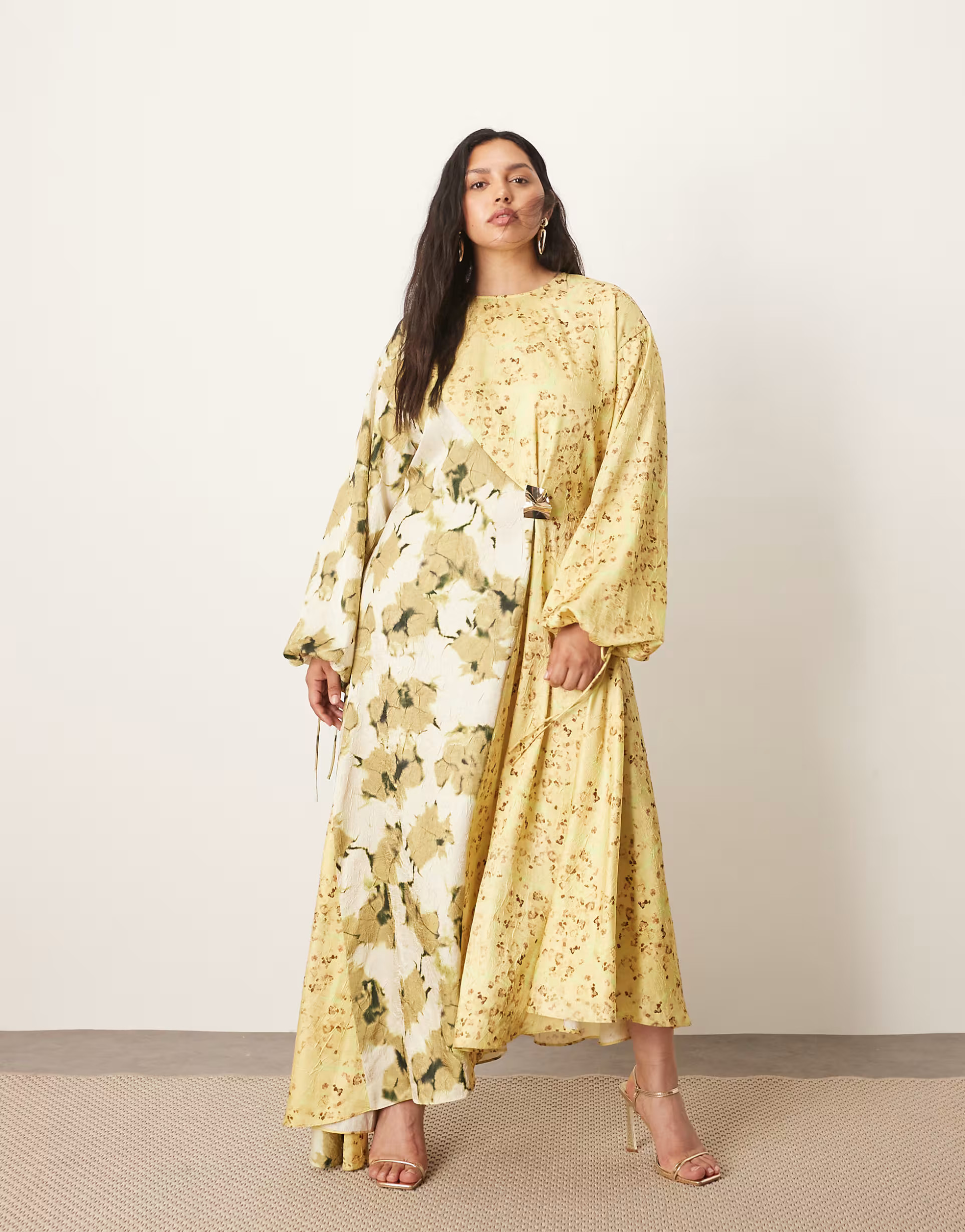 ARRANGE Curve crinkle satin long sleeve midi dress with trim in color block floral print | ASOS (Global)