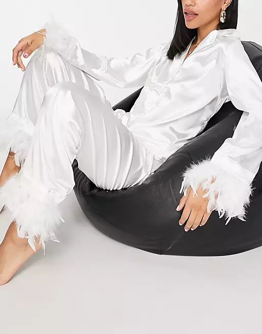 Night satin pyjamas with detachable faux feather trim in white | ASOS (Global)