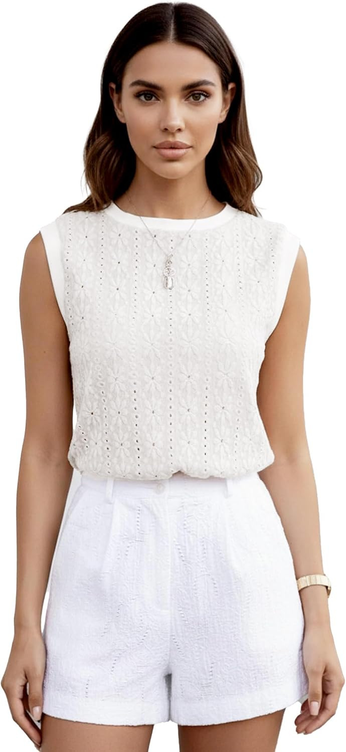 Women Eyelet Tank Tops Floral Casual Round Neck Sleeveless Summer Tops Trendy Basic Cute Plain Tanktops | Amazon (US)