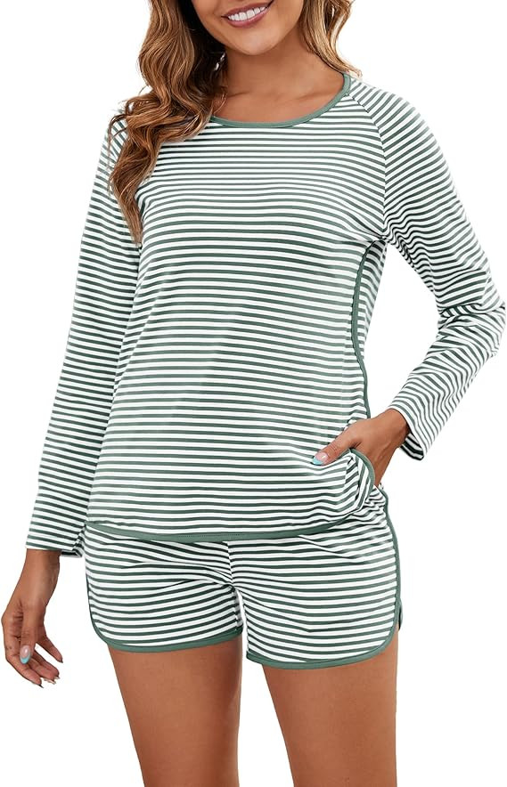 Cotton Pajama Sets for Women Soft 2 Piece Stripe Lounge Set Long Sleeve Shorts Pjs Loungewear Sle... | Amazon (US)
