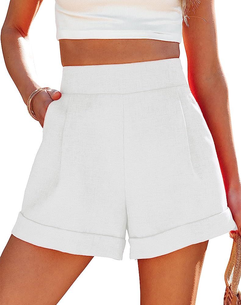 Uincloset Casual Elastic High Waist Denim Shorts Summer Rolled Hem Pocketed Shorts Comfy Wide Leg... | Amazon (US)