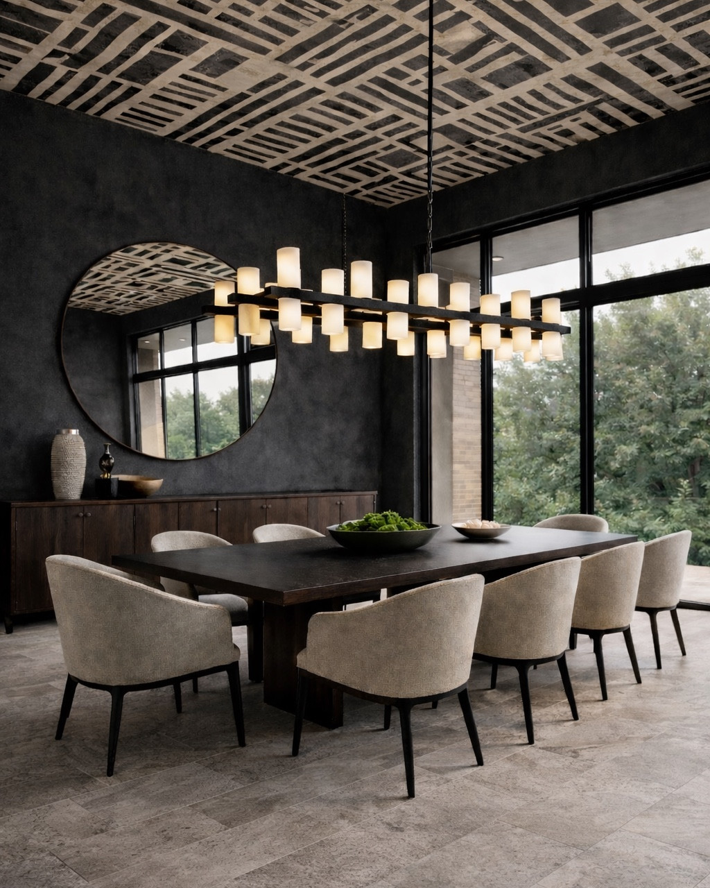 Quiet drama done right.

From the graphic wallpapered ceiling to the sculptural chandelier and deep black walls, every detail in this dining room was chosen with intention. Balanced with warm stone flooring for a space that feels bold yet refined.

#LTKHome