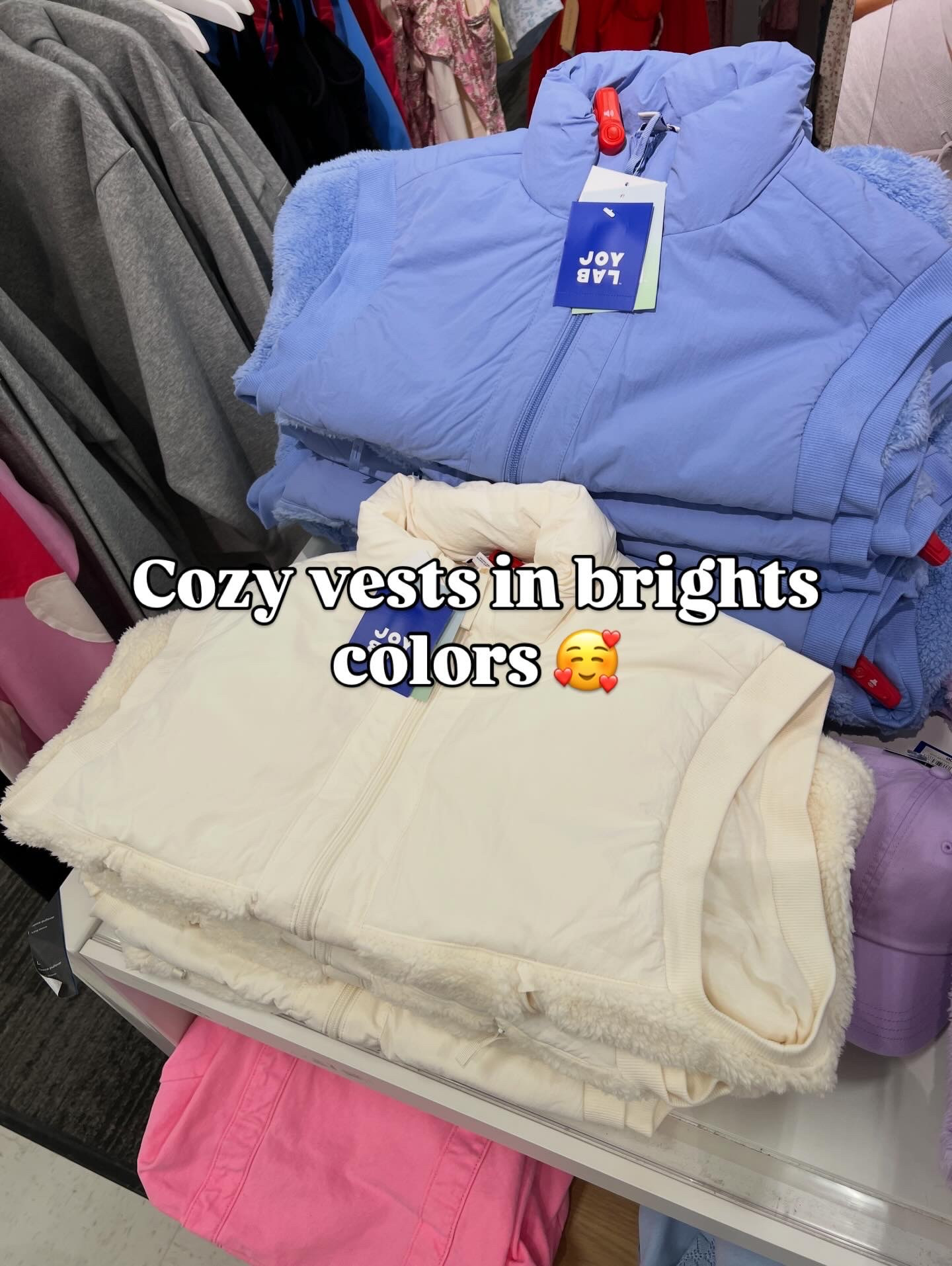 Targe fleece vests in great colors to go into spring. 