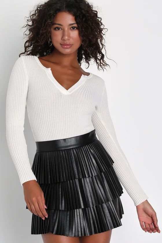 Bold Charm Black Vegan Leather Pleated Tiered Mini Skirt | Lulus (US)