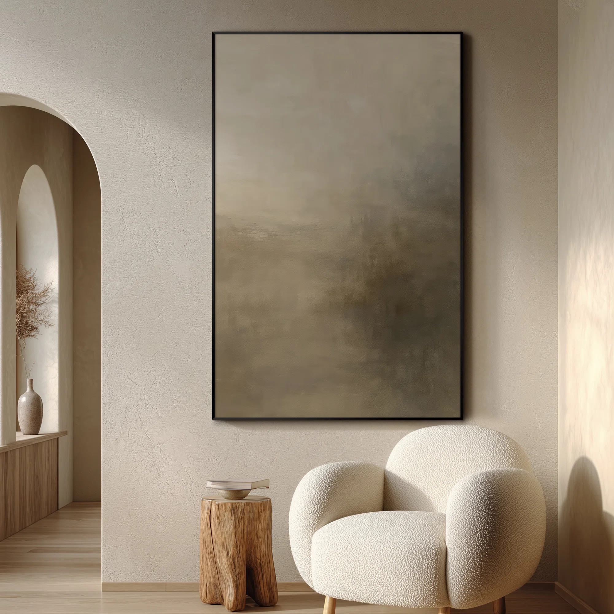 Soft Neutral Misty Landscape in Taupe and Beige – Extra Large Framed Fabric Print Wall Art (Frame Assembly Required) | Wayfair North America